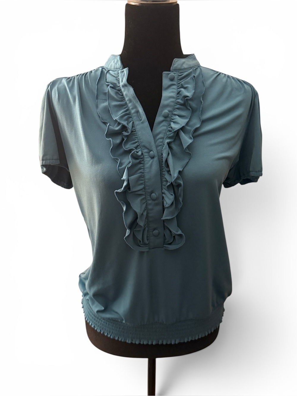 Ruffle-Front Short Sleeve Top in Teal
Size Med